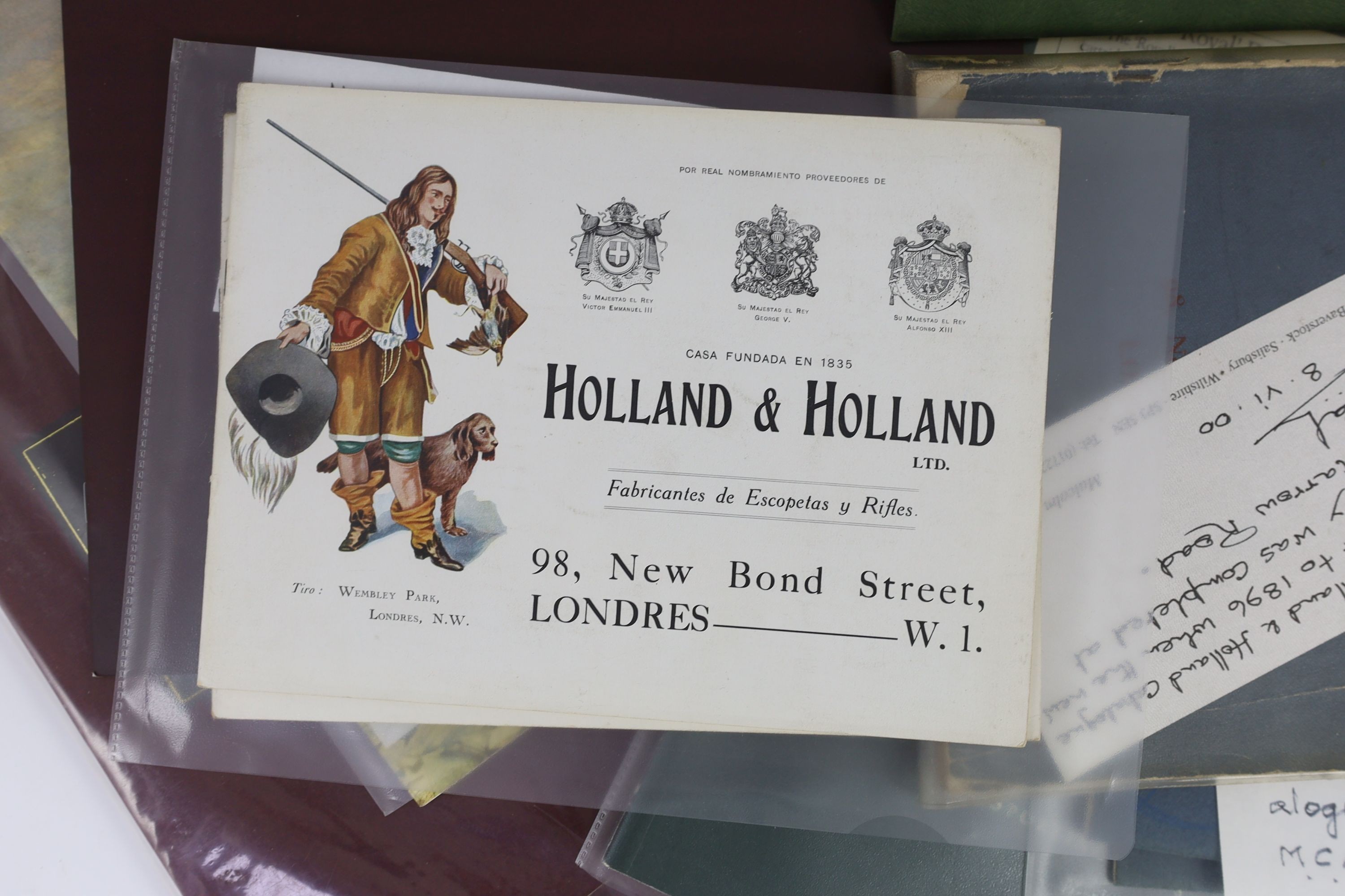 [Trade Catalogues]. Holland & Holland. Guns & Rifles. London, n.d. [c. 1893]. Dated from adverts on pages 4 and 5. Original printed wrappers, soiled and worn, contents generally clean. Holland & Holland Ltd. Fabricantes